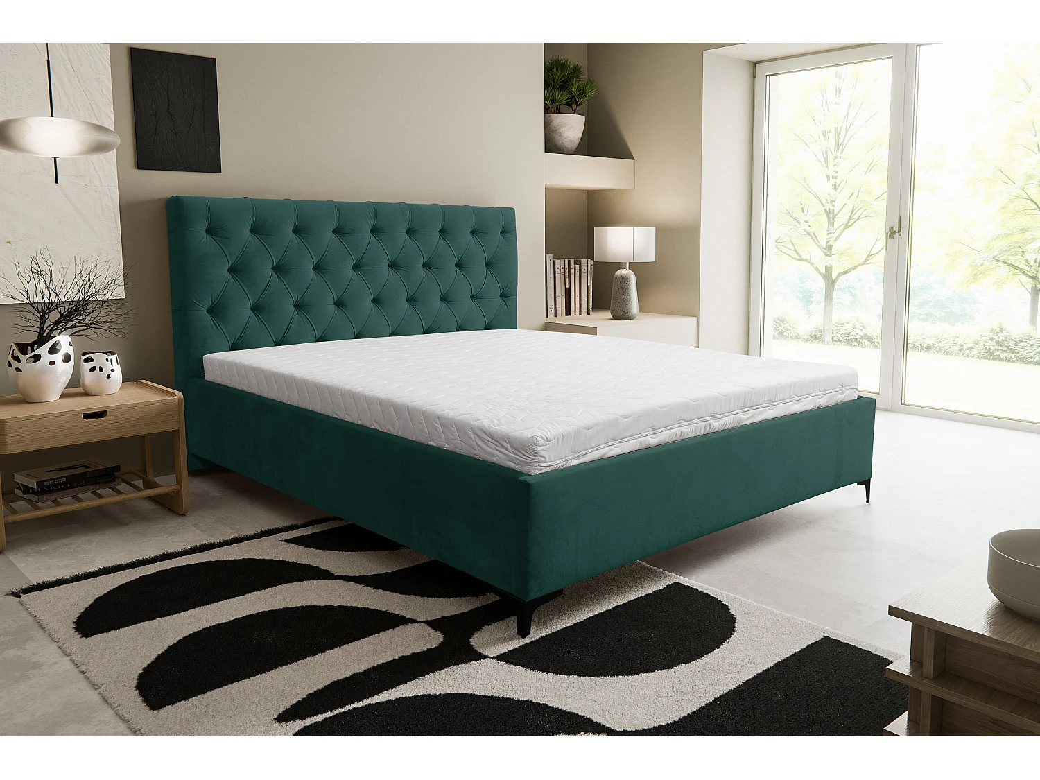 Lit rembourré Chesterfield avec tête de lit, 160 x 200 cm, lit double avec coffre de rangement et sommier à lattes en métal, tissu velours, couleur : vert