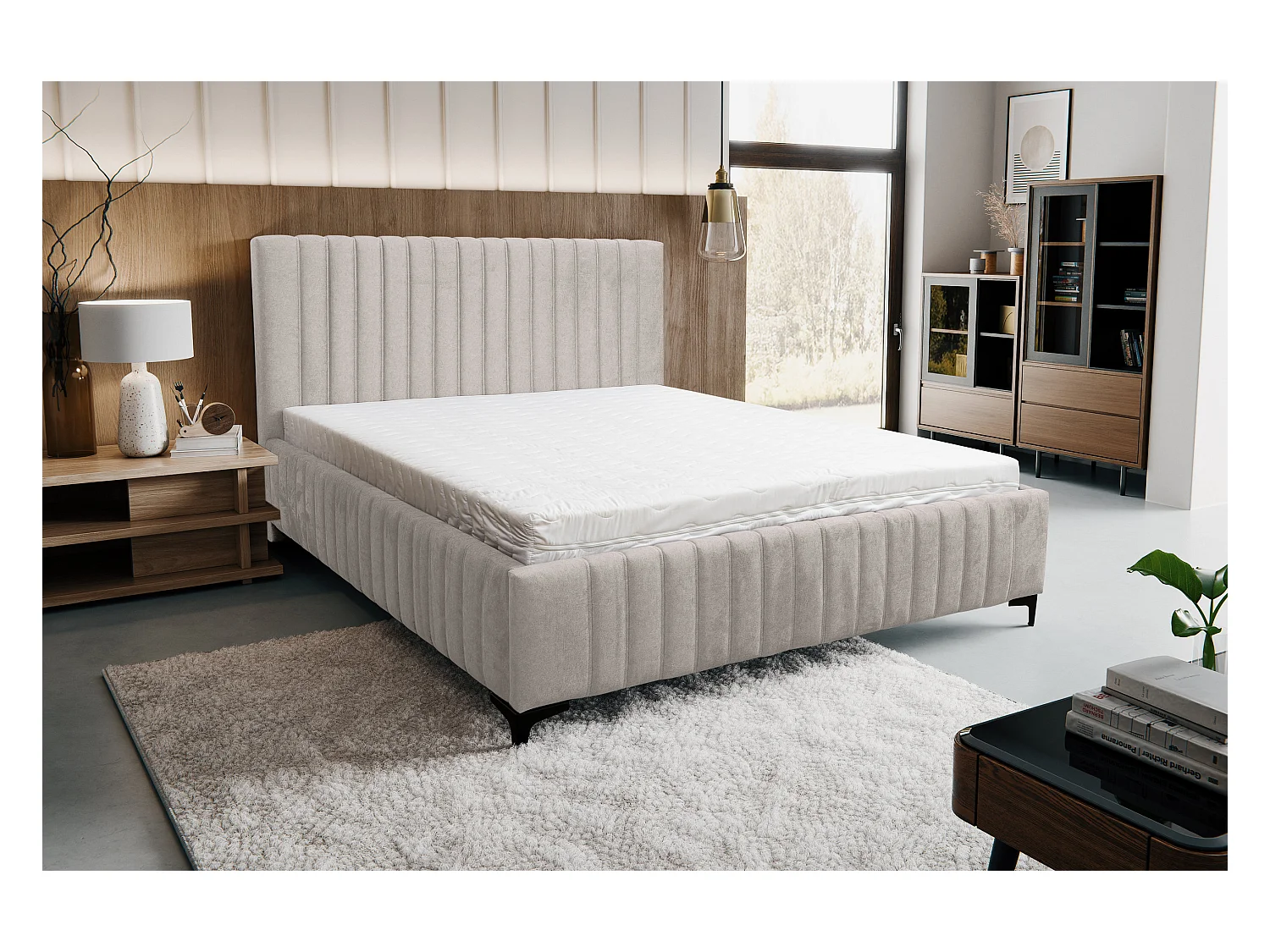 Lit rembourré Quant avec tête de lit, 140 x 200 cm, lit double avec coffre de rangement et sommier à lattes en métal, tissu velours, couleur : beige