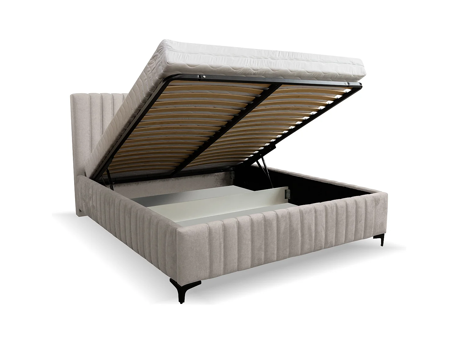 Lit rembourré Quant avec tête de lit, 140 x 200 cm, lit double avec coffre de rangement et sommier à lattes en métal, tissu velours, couleur : beige