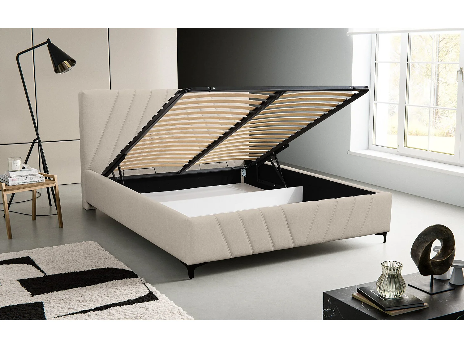 Lit rembourré Capri  avec tête de lit, 160 x 200 cm, lit double avec coffre de rangement et sommier à lattes en métal, tissu velours, couleur : beige