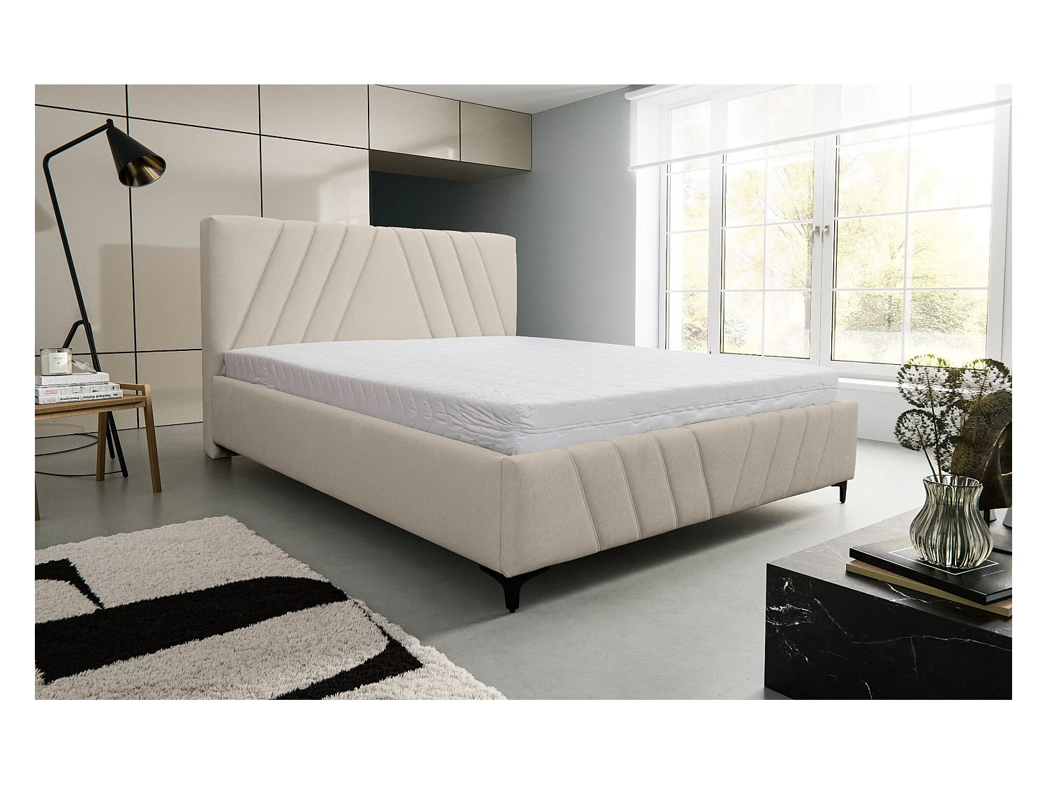 Lit rembourré Capri  avec tête de lit, 160 x 200 cm, lit double avec coffre de rangement et sommier à lattes en métal, tissu velours, couleur : beige