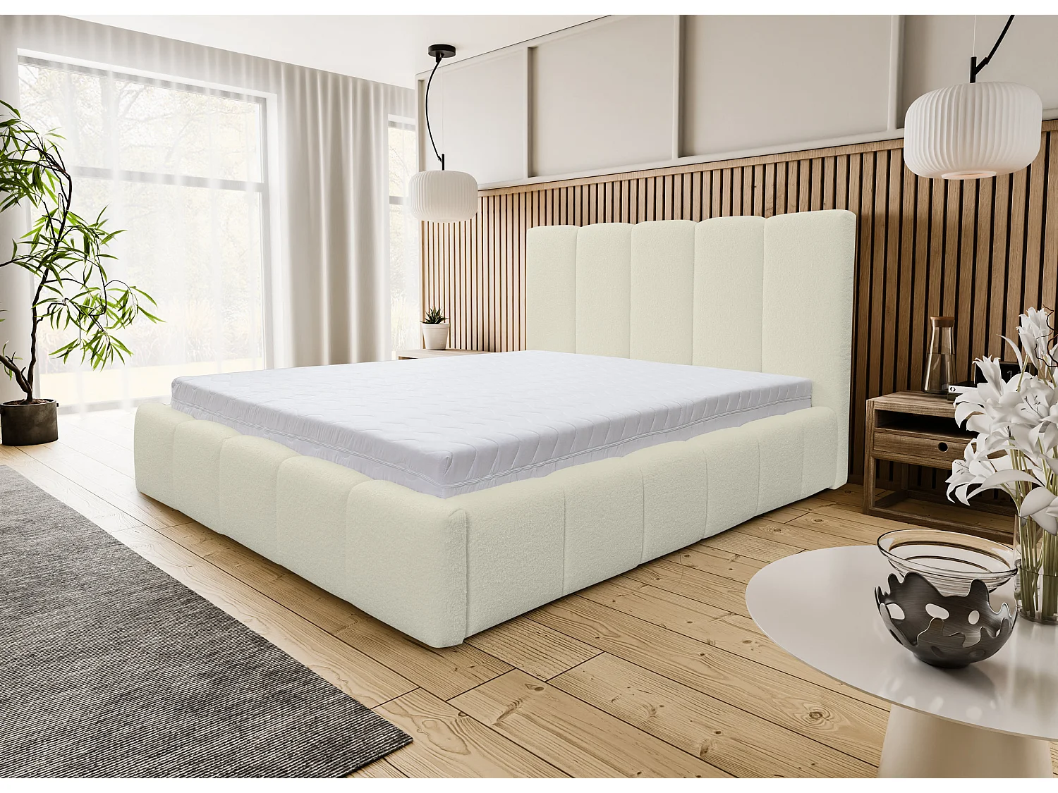 Lit rembourré Marco avec tête de lit, 140 x 200 cm, lit double avec coffre de rangement et sommier à lattes en métal, tissu bouclé, couleur : beige