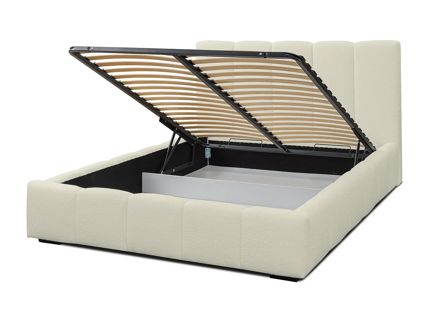 Lit rembourré Marco avec tête de lit, 140 x 200 cm, lit double avec coffre de rangement et sommier à lattes en métal, tissu bouclé, couleur : beige