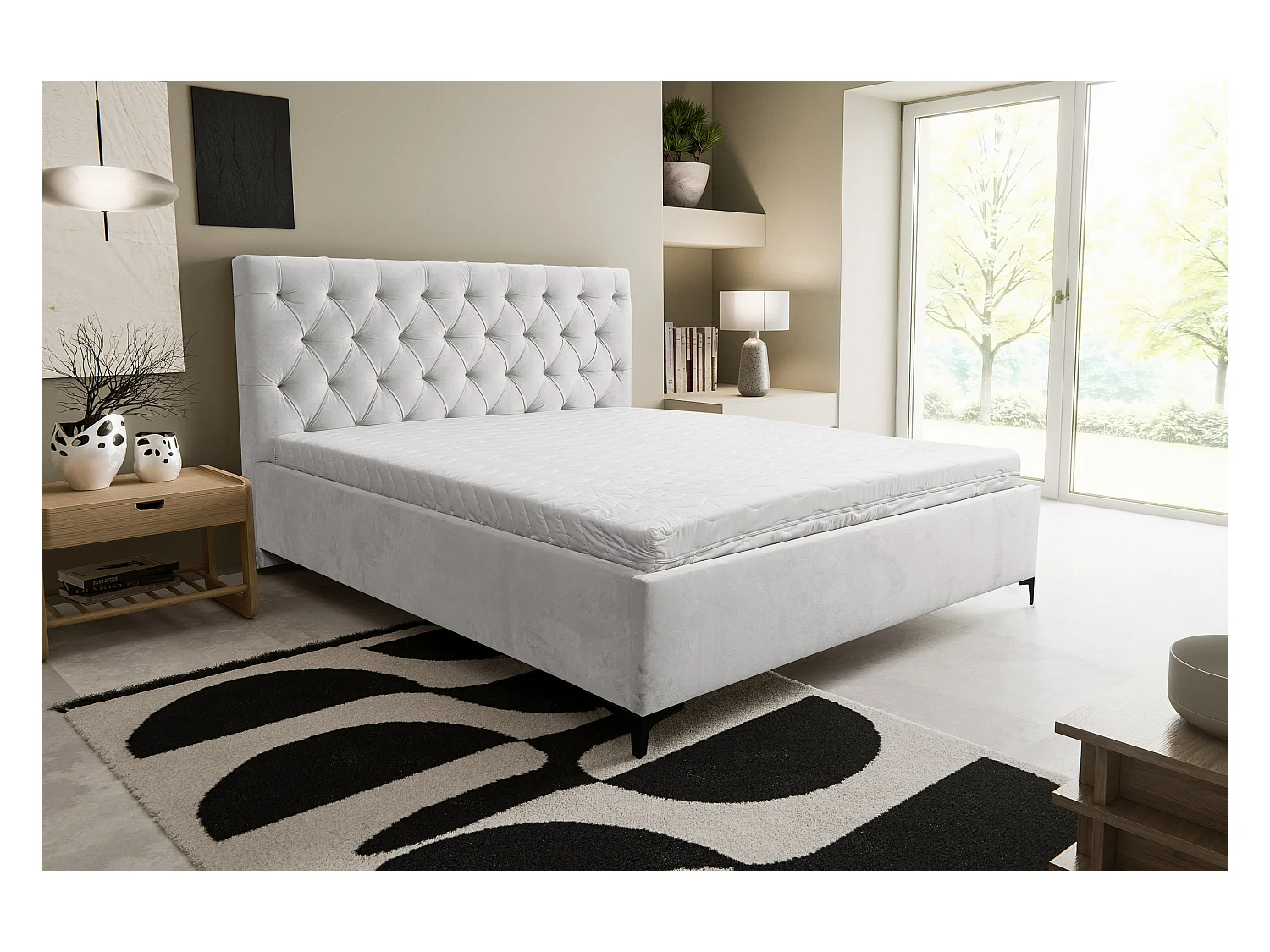 Lit rembourré Chesterfield avec tête de lit, 180 x 200 cm, lit double avec coffre de rangement et sommier à lattes en métal, tissu velours, couleur : gris clair