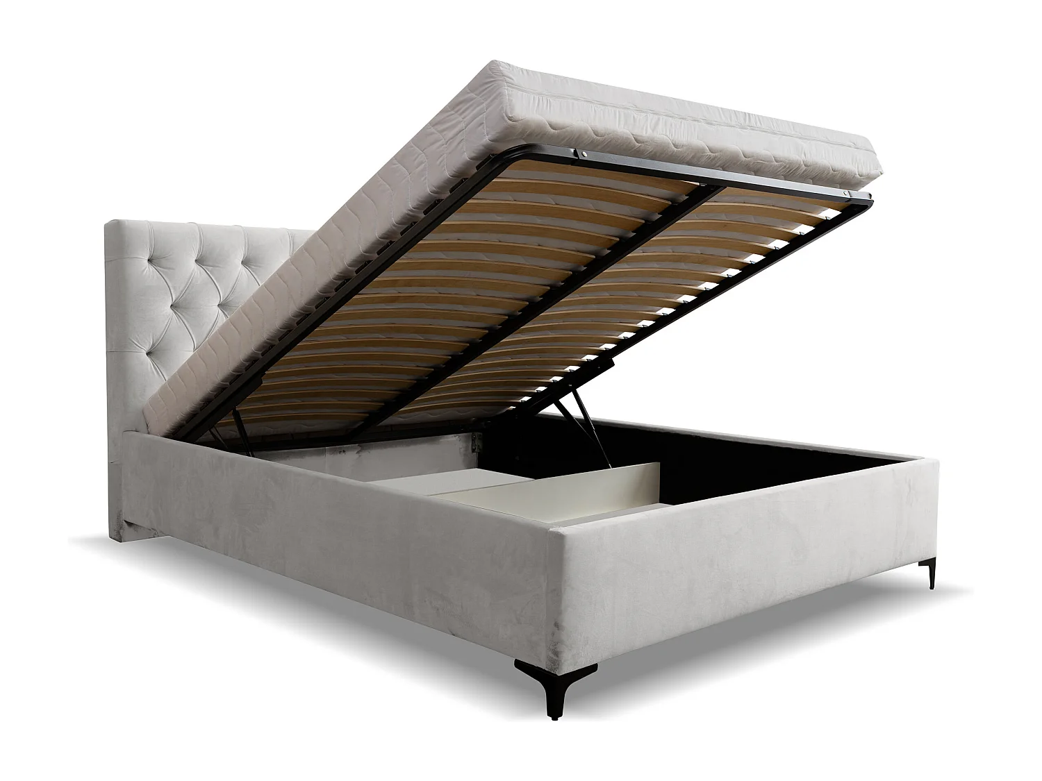 Lit rembourré Chesterfield avec tête de lit, 180 x 200 cm, lit double avec coffre de rangement et sommier à lattes en métal, tissu velours, couleur : gris clair