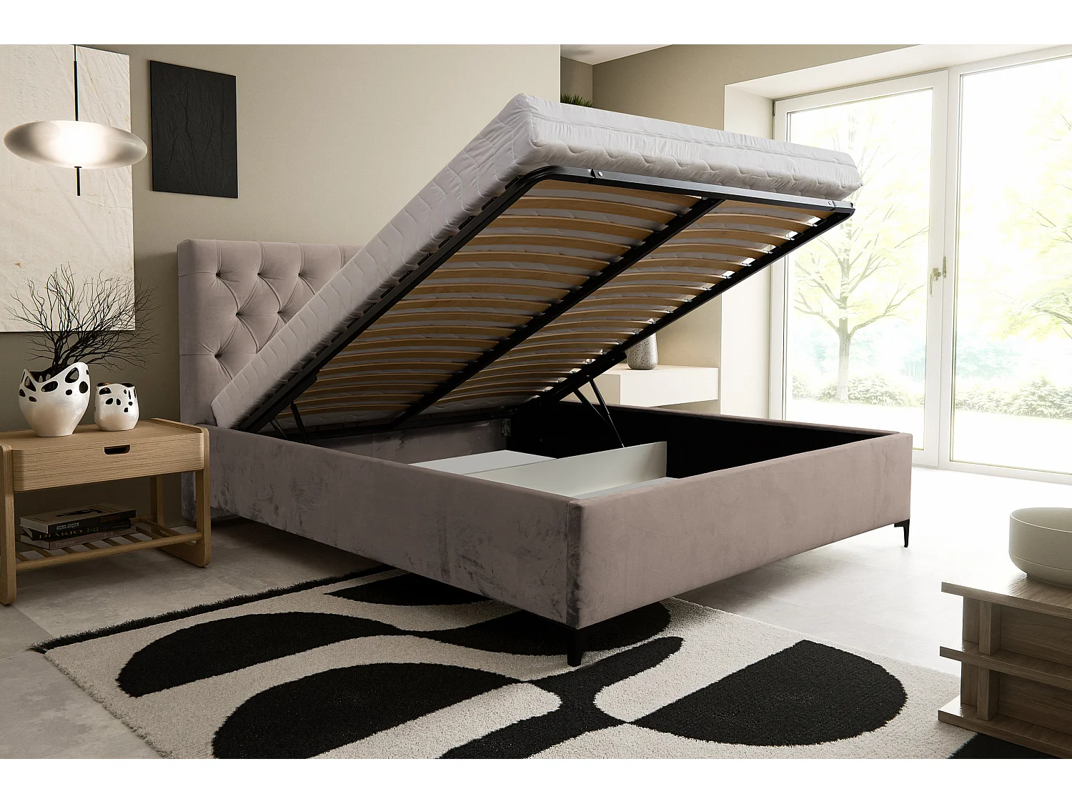 Lit rembourré Chesterfield avec tête de lit, 180 x 200 cm, lit double avec coffre de rangement et sommier à lattes en métal, tissu velours, couleur : marron