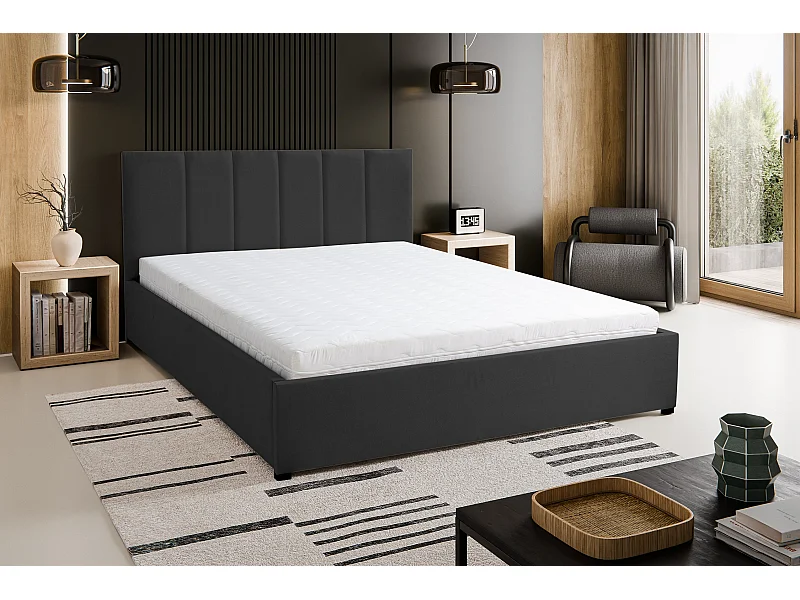 Polsterbett LISA mit Kopfteil, 180 x200 cm, Doppelbett mit Bettkasten und Lattenrost aus Velourstoff, Velourstoff, Frabe: Schwarz