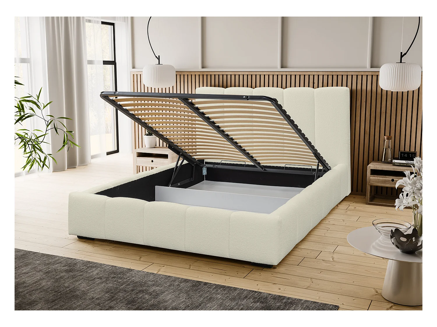 Lit rembourré Marco avec tête de lit, 180 x 200 cm, lit double avec coffre de rangement et sommier à lattes en métal, tissu bouclé, couleur : beige