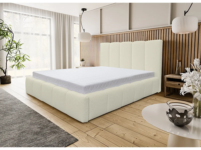 Lit rembourré Marco avec tête de lit, 180 x 200 cm, lit double avec coffre de rangement et sommier à lattes en métal, tissu bouclé, couleur : beige