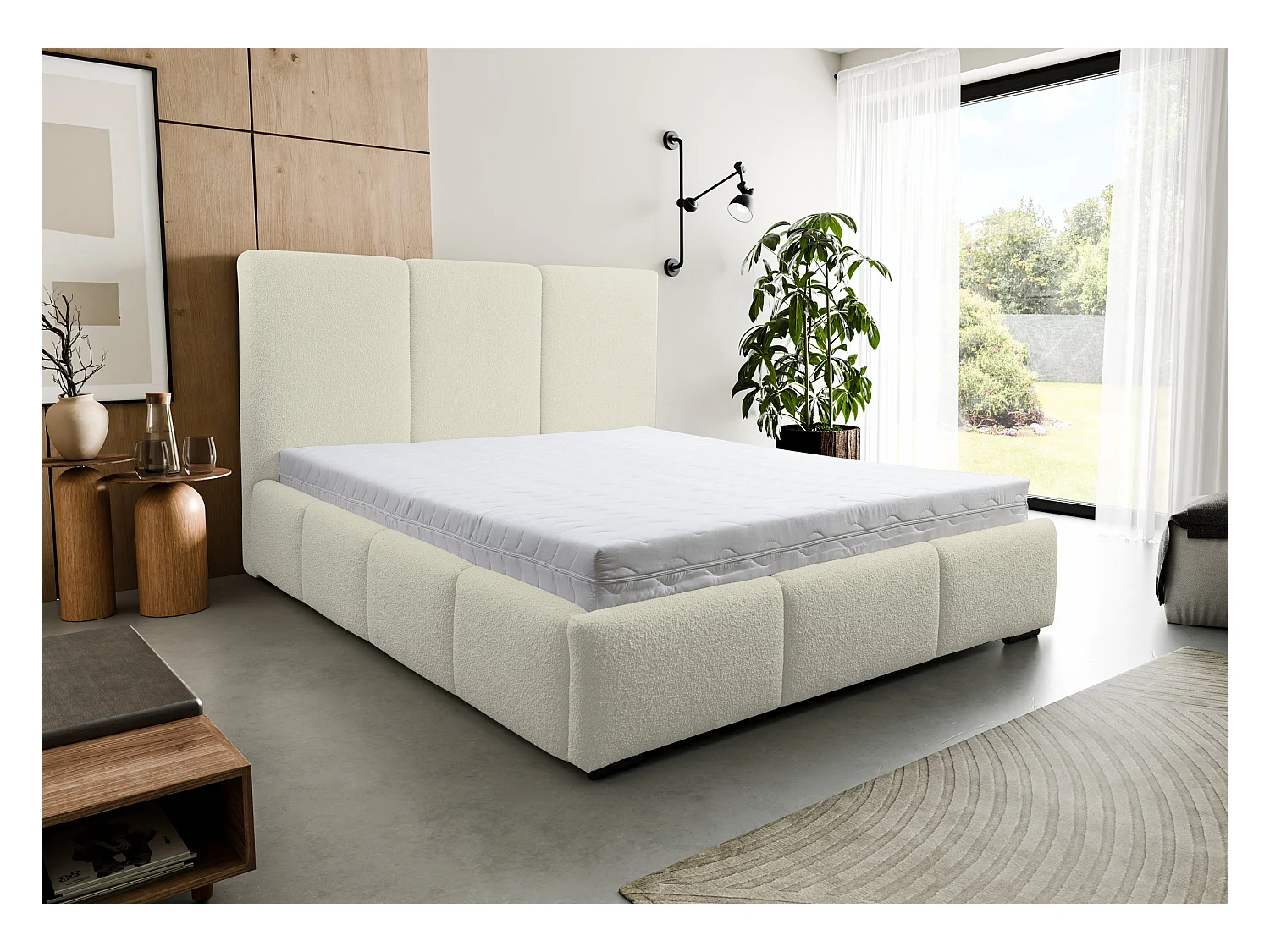 Lit rembourré Basti avec tête de lit, 180 x 200 cm, lit double avec coffre de rangement et sommier à lattes en métal, tissu bouclé, couleur : beige