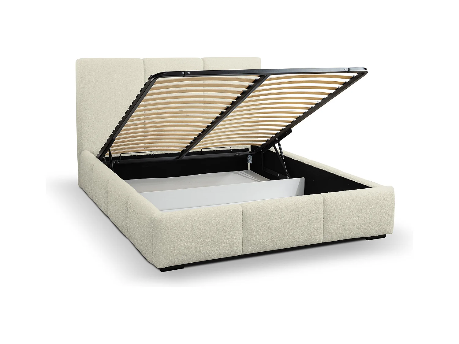 Lit rembourré Basti avec tête de lit, 180 x 200 cm, lit double avec coffre de rangement et sommier à lattes en métal, tissu bouclé, couleur : beige