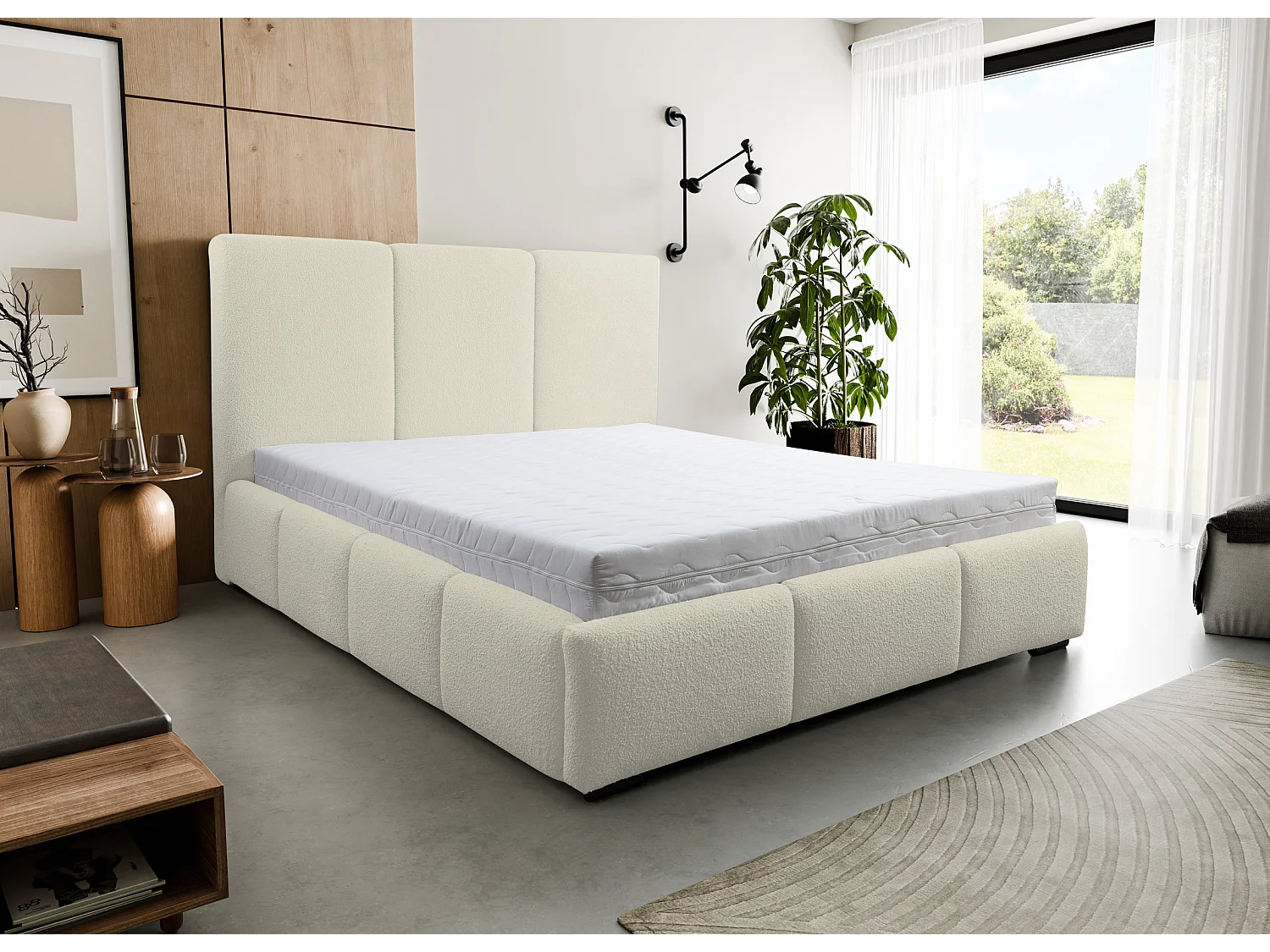 Lit rembourré Basti avec tête de lit, 180 x 200 cm, lit double avec coffre de rangement et sommier à lattes en métal, tissu bouclé, couleur : beige