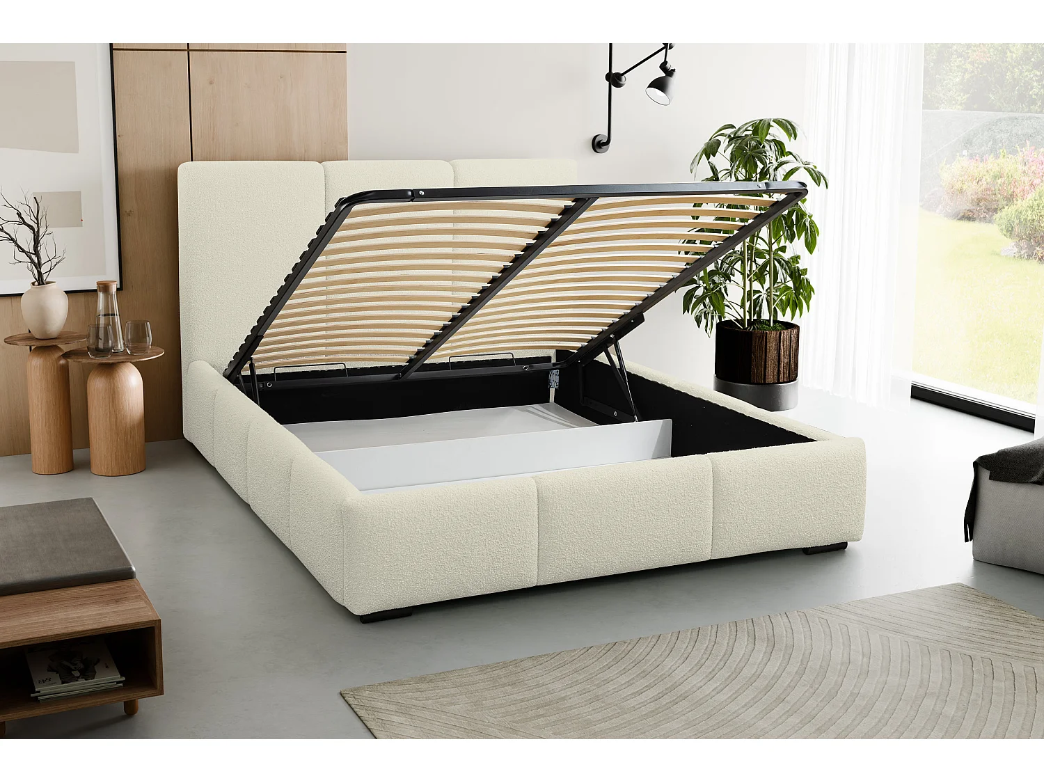 Lit rembourré Basti avec tête de lit, 180 x 200 cm, lit double avec coffre de rangement et sommier à lattes en métal, tissu bouclé, couleur : beige