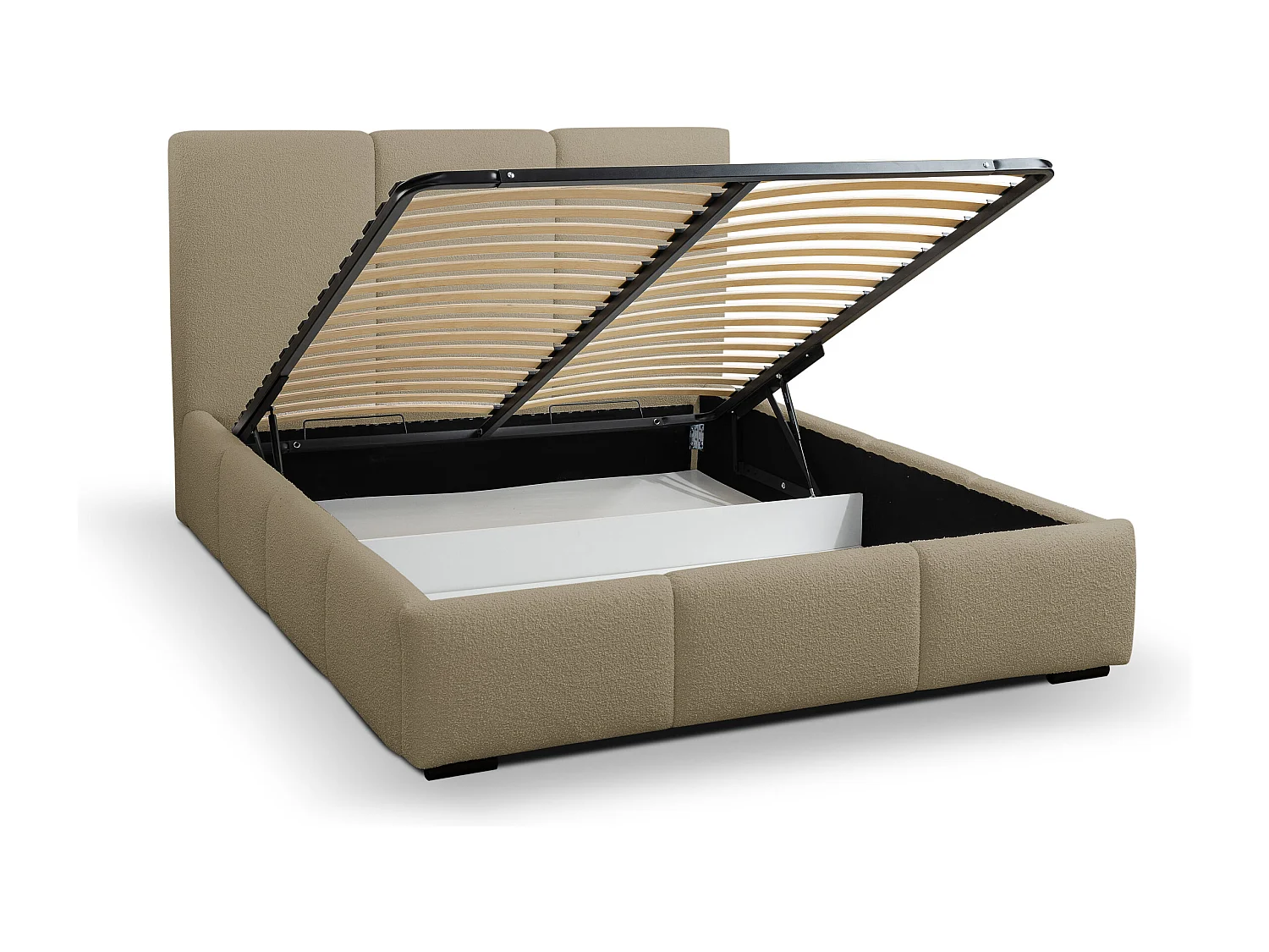 Lit rembourré Basti avec tête de lit, 140 x 200 cm, lit double avec coffre de rangement et sommier à lattes en métal, tissu bouclé, couleur : marron