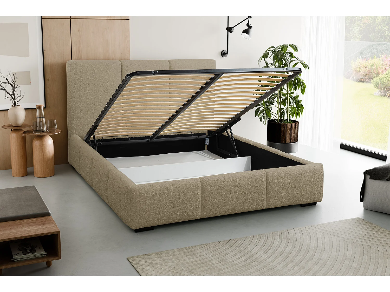 Lit rembourré Basti avec tête de lit, 140 x 200 cm, lit double avec coffre de rangement et sommier à lattes en métal, tissu bouclé, couleur : marron