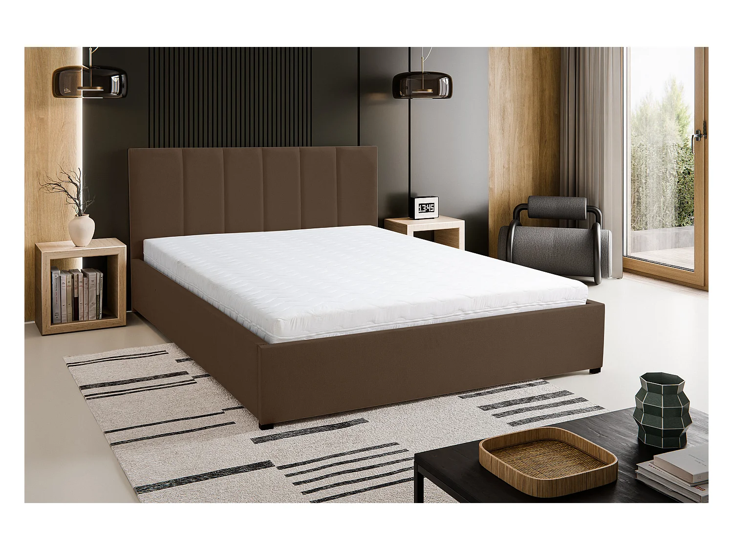 Lit rembourré LISA avec tête de lit, 160 x 200 cm, lit double avec coffre de rangement et sommier à lattes en velours, velours, couleur : marron