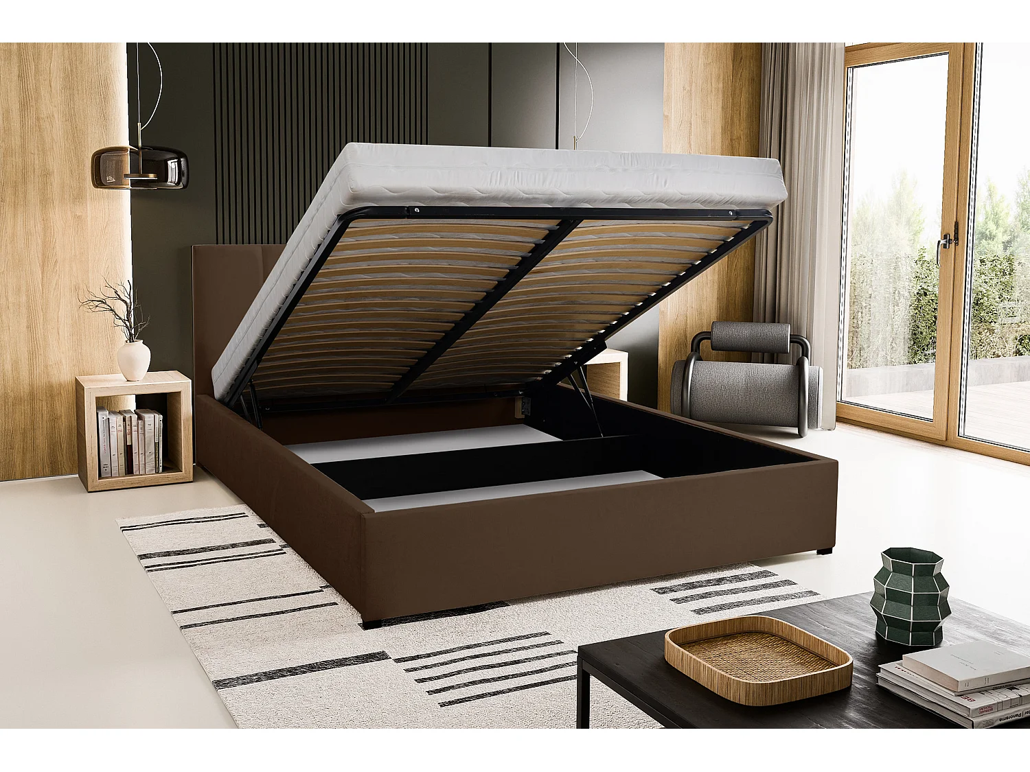 Polsterbett LISA mit Kopfteil, 160 x200 cm, Doppelbett mit Bettkasten und Lattenrost aus Velourstoff, Velourstoff, Frabe: Braun