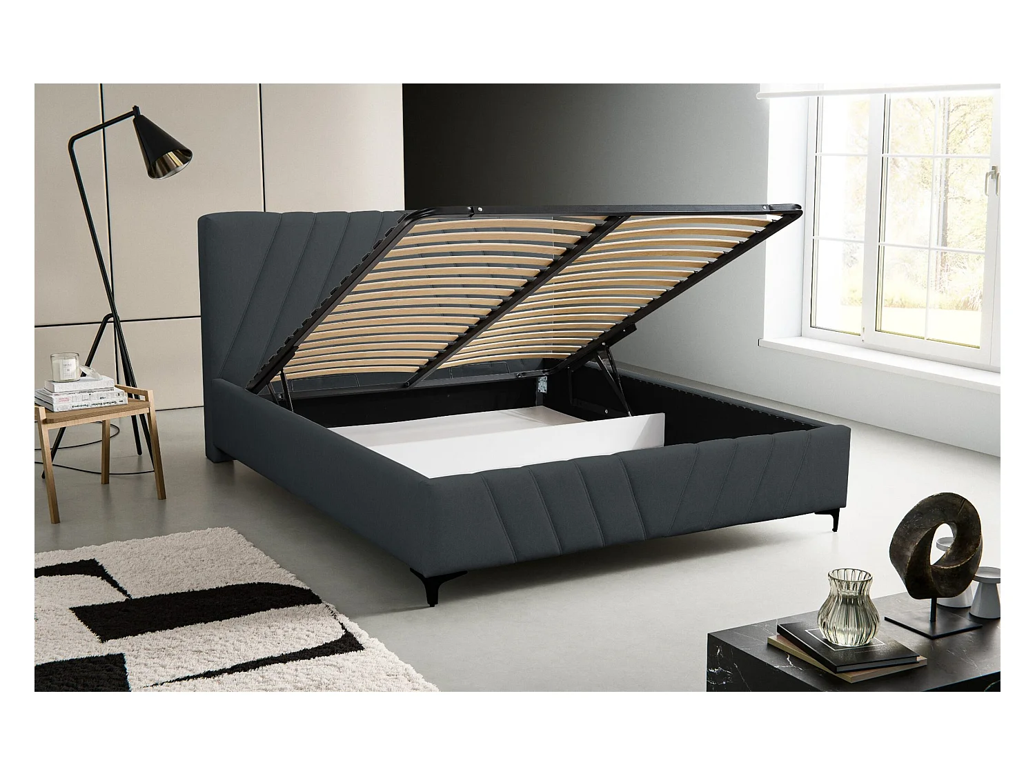 Lit rembourré Capri  avec tête de lit, 160 x 200 cm, lit double avec coffre de rangement et sommier à lattes en métal, tissu velours, couleur : noir