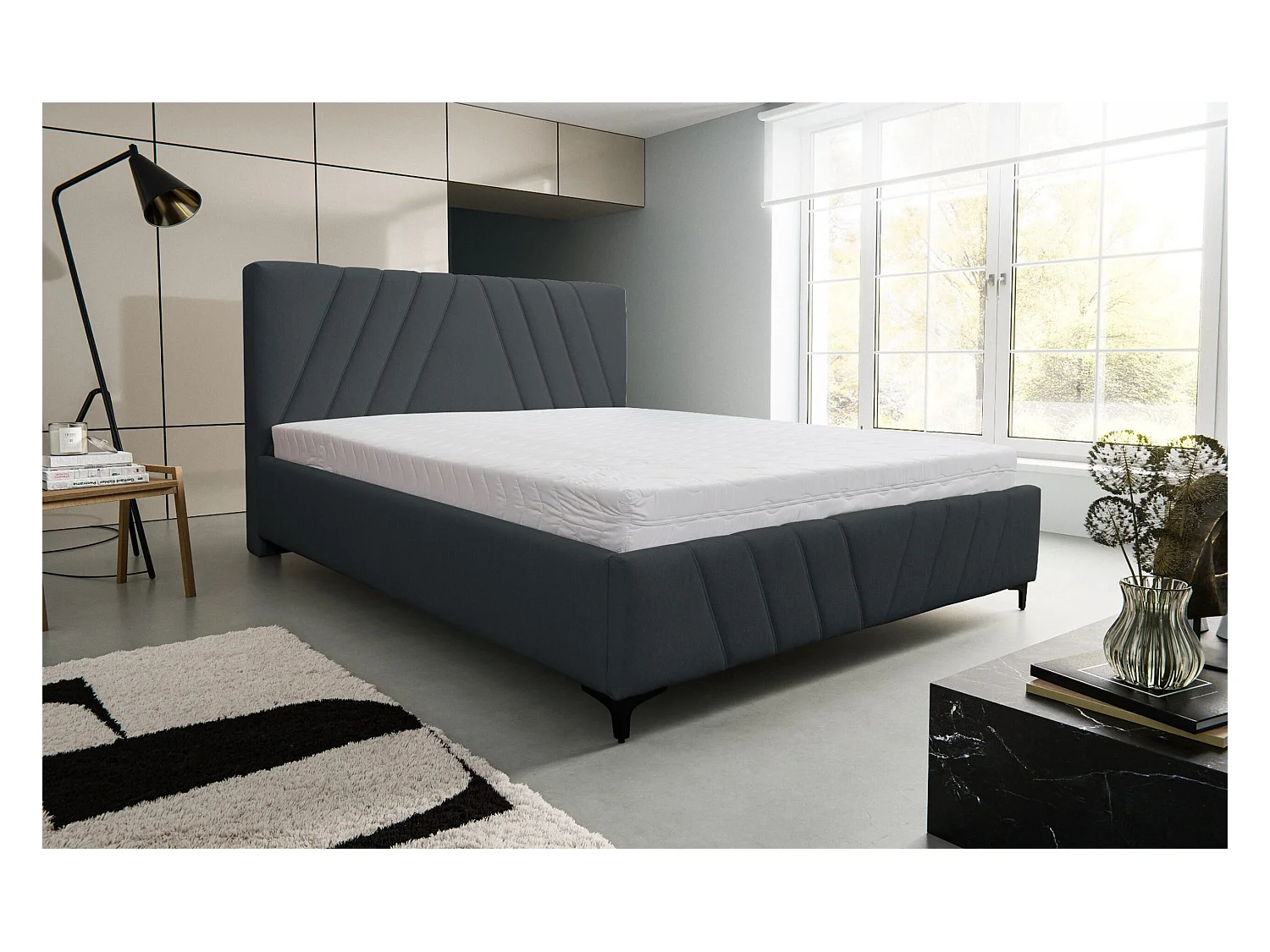 Lit rembourré Capri  avec tête de lit, 160 x 200 cm, lit double avec coffre de rangement et sommier à lattes en métal, tissu velours, couleur : noir