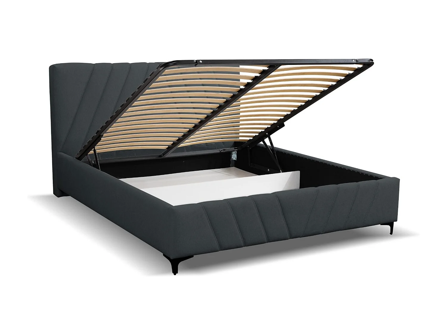 Lit rembourré Capri  avec tête de lit, 160 x 200 cm, lit double avec coffre de rangement et sommier à lattes en métal, tissu velours, couleur : noir