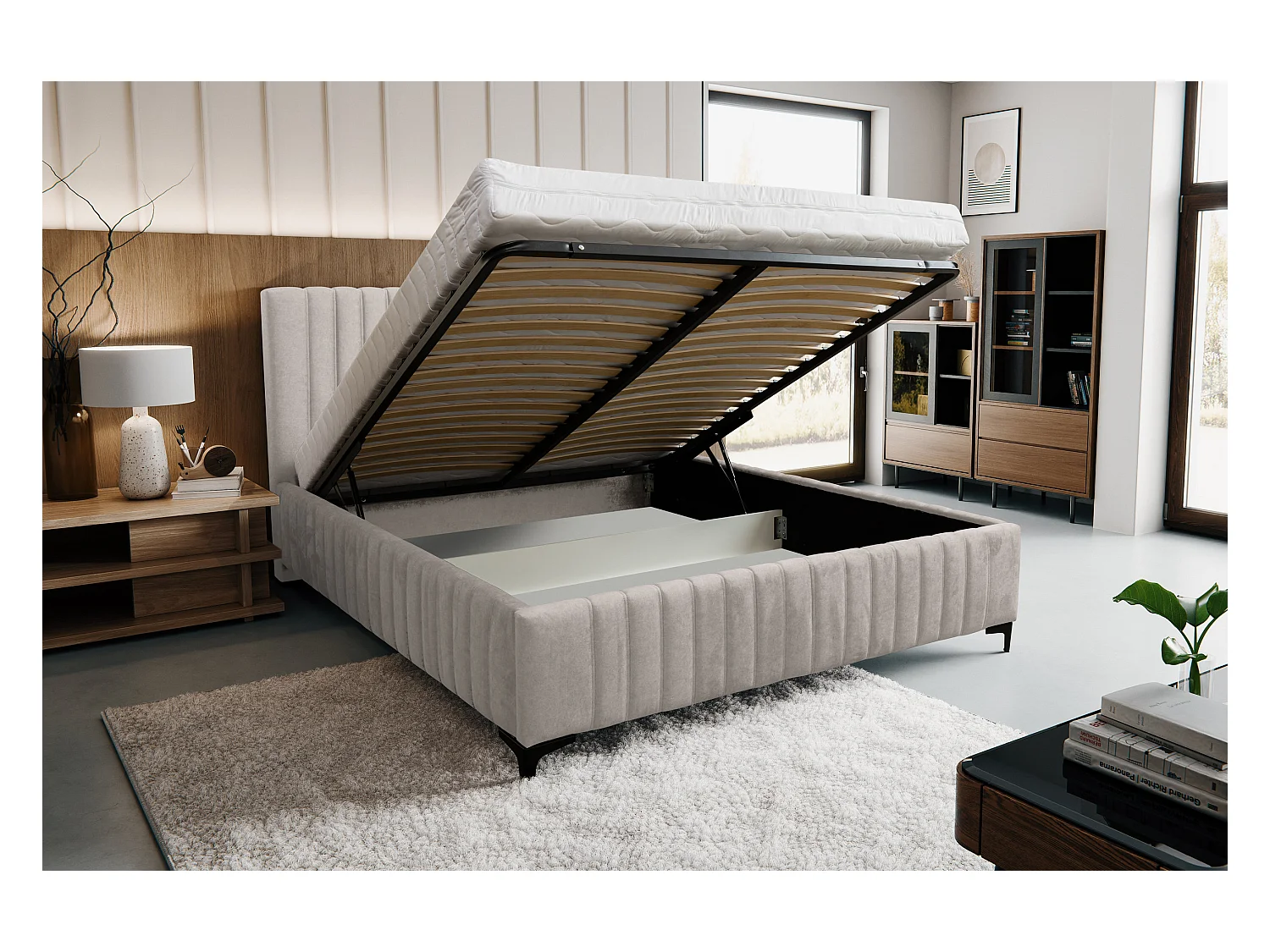 Lit rembourré Quant avec tête de lit, 180 x 200 cm, lit double avec coffre de rangement et sommier à lattes en métal, tissu velours, couleur : beige