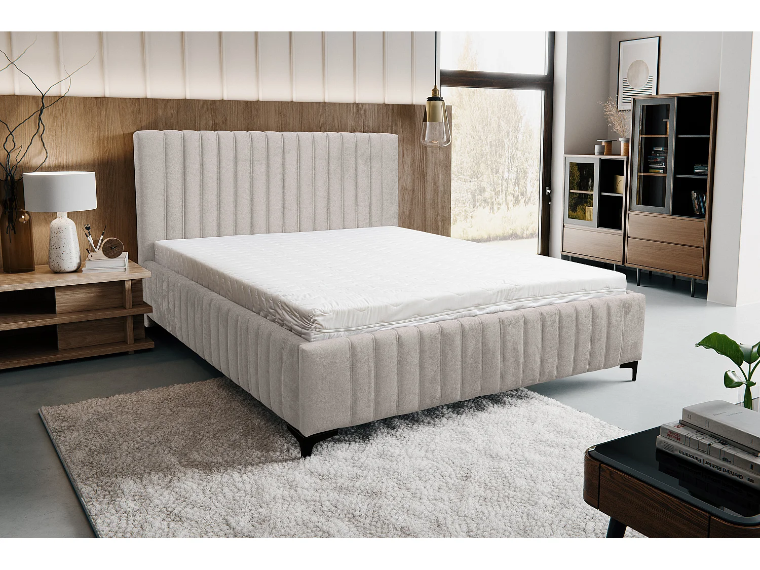 Lit rembourré Quant avec tête de lit, 180 x 200 cm, lit double avec coffre de rangement et sommier à lattes en métal, tissu velours, couleur : beige