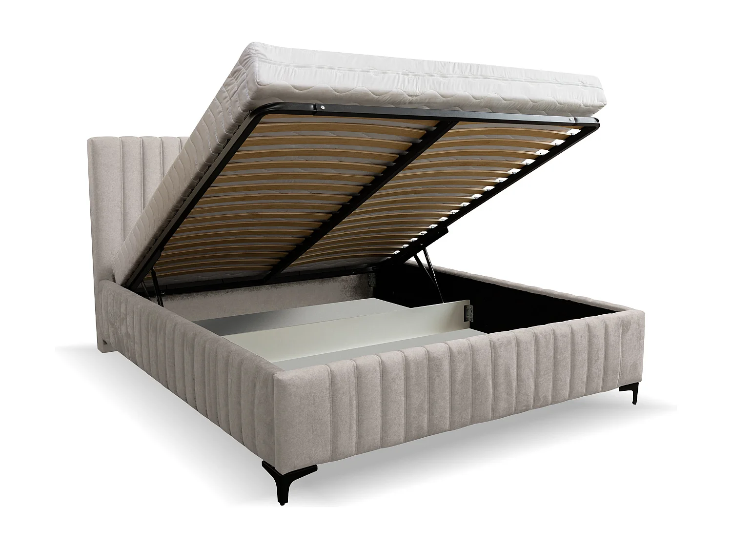 Lit rembourré Quant avec tête de lit, 180 x 200 cm, lit double avec coffre de rangement et sommier à lattes en métal, tissu velours, couleur : beige