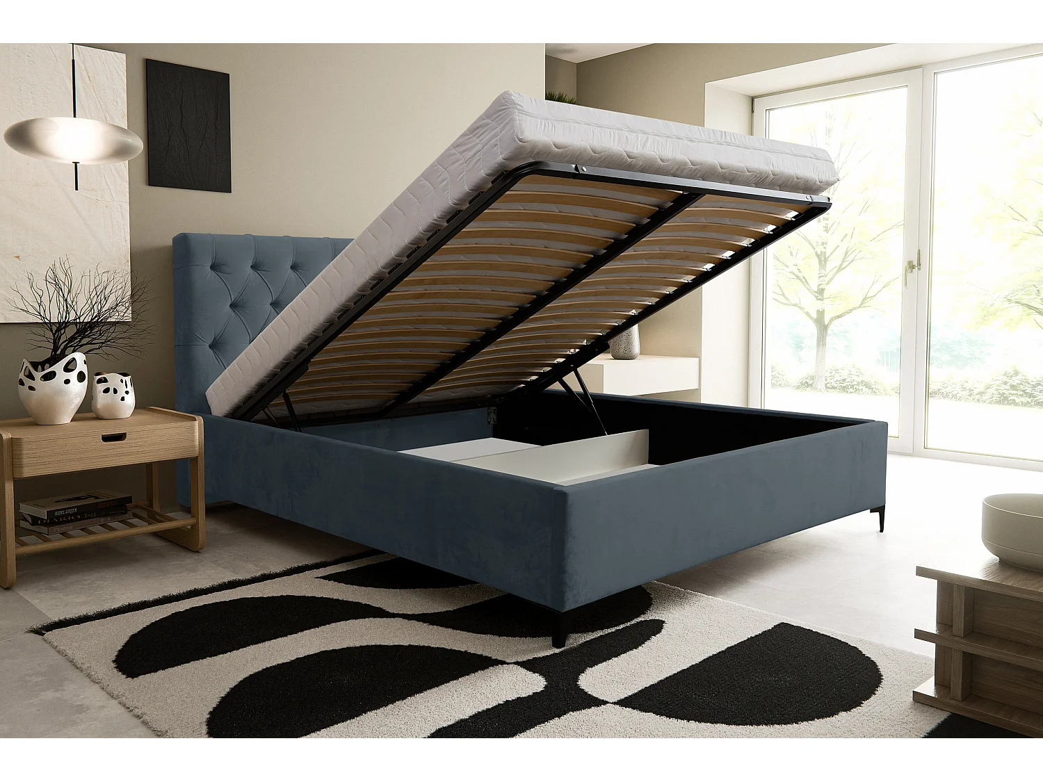 Lit rembourré Chesterfield avec tête de lit, 140 x 200 cm, lit double avec coffre de rangement et sommier à lattes en métal, tissu velours, couleur : gris foncé