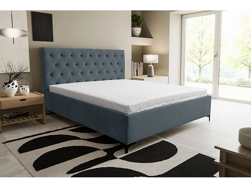 Polsterbett Chesterfield mit Kopfteil, 140 x 200 cm, Doppelbett mit Bettkasten und Lattenrost aus Metall, Velourstoff, Frabe: Dunkelgrau