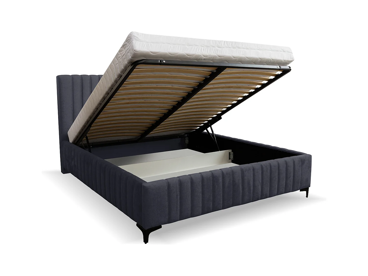 Lit rembourré Quant avec tête de lit, 180 x 200 cm, lit double avec coffre de rangement et sommier à lattes en métal, tissu velours, couleur : noir