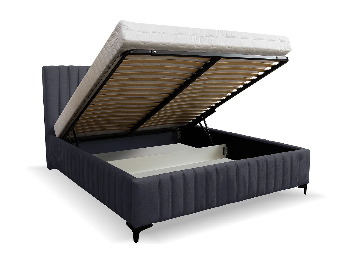Lit rembourré Quant avec tête de lit, 180 x 200 cm, lit double avec coffre de rangement et sommier à lattes en métal, tissu velours, couleur : noir