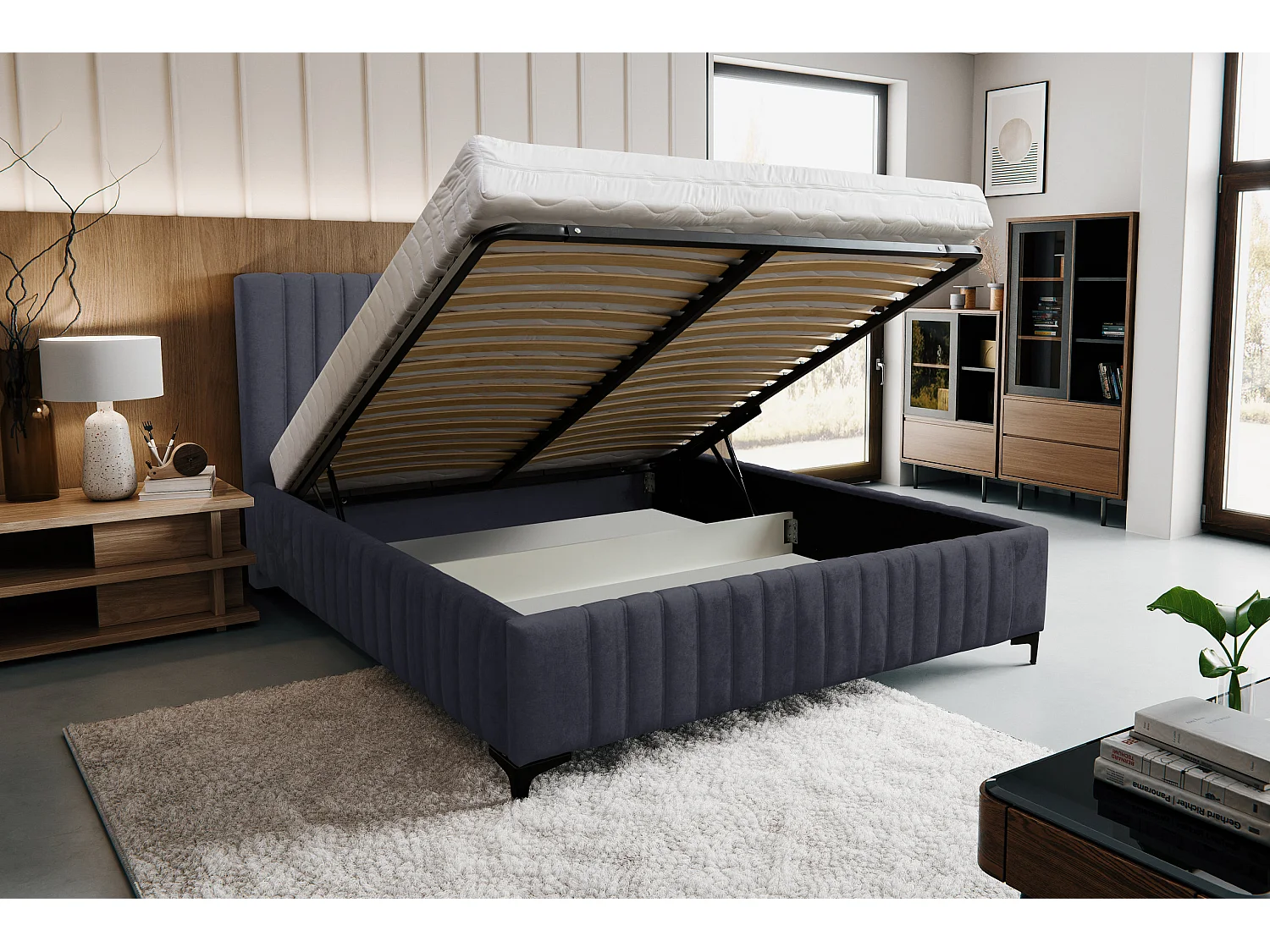 Lit rembourré Quant avec tête de lit, 180 x 200 cm, lit double avec coffre de rangement et sommier à lattes en métal, tissu velours, couleur : noir