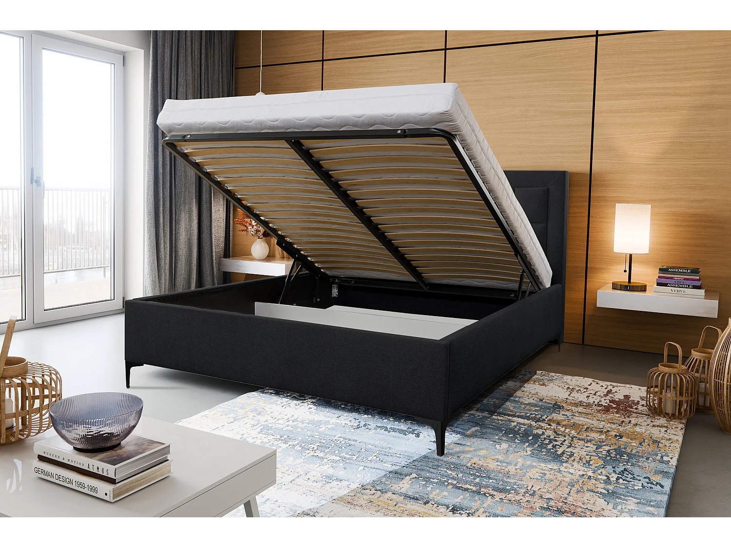 Polsterbett VENEZIA mit Kopfteil, 140 x200 cm, Doppelbett mit Bettkasten und Lattenrost aus Strukturstoff, Velourstoff, Frabe: Schwarz