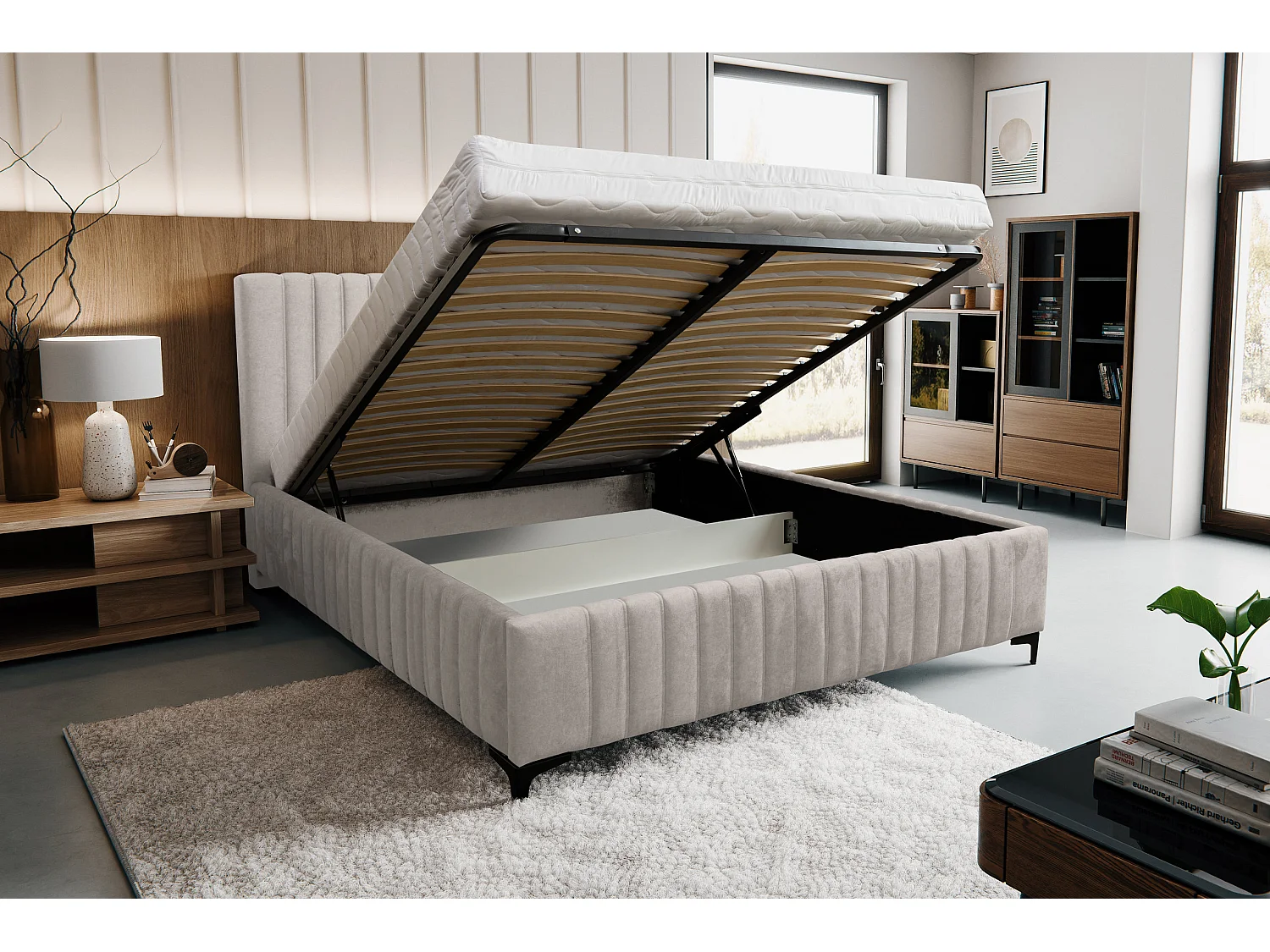 Lit rembourré Quant avec tête de lit, 160 x 200 cm, lit double avec coffre de rangement et sommier à lattes en métal, tissu velours, couleur : beige