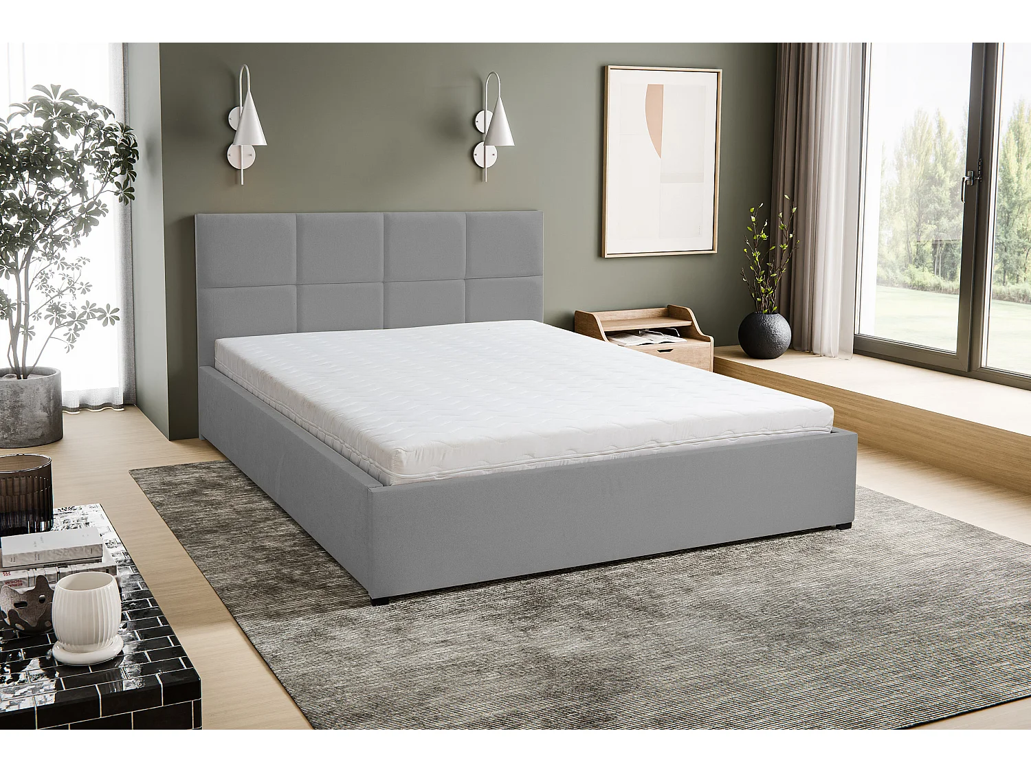 Polsterbett BETTY mit Kopfteil, 140 x200 cm, Doppelbett mit Bettkasten und Lattenrost aus Velourstoff, Velourstoff, Frabe: Grau