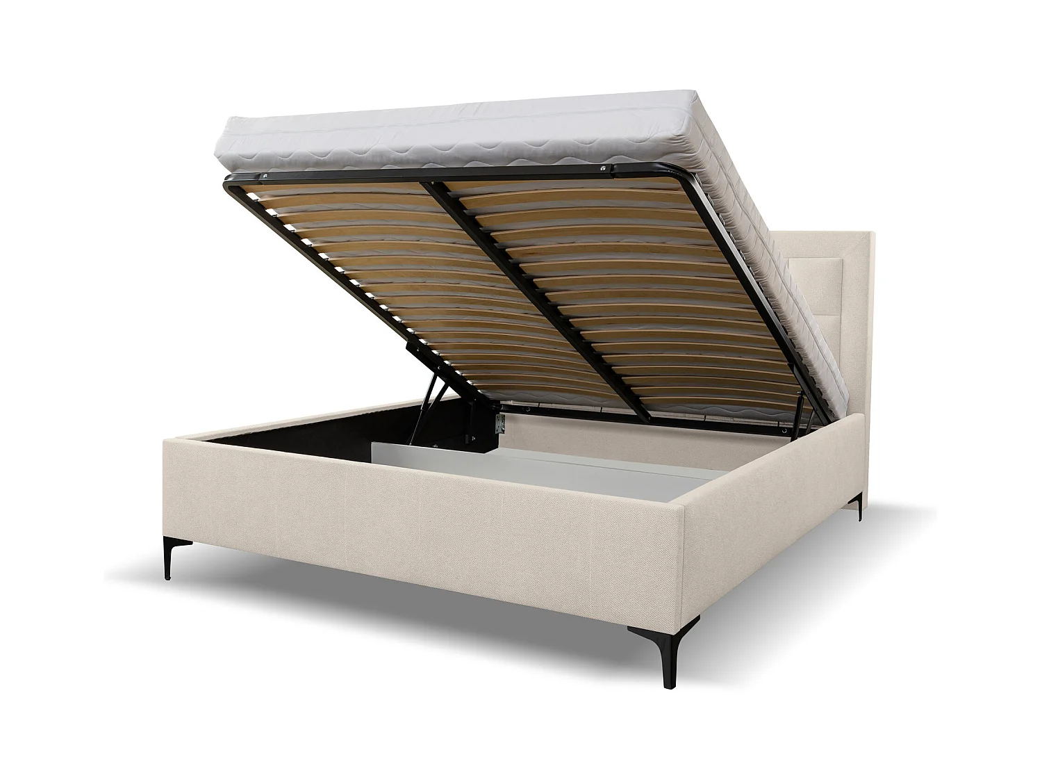 Lit rembourré VENEZIA avec tête de lit, 180 x 200 cm, lit double avec coffre de rangement et sommier à lattes en tissu structuré, velours, couleur : beige