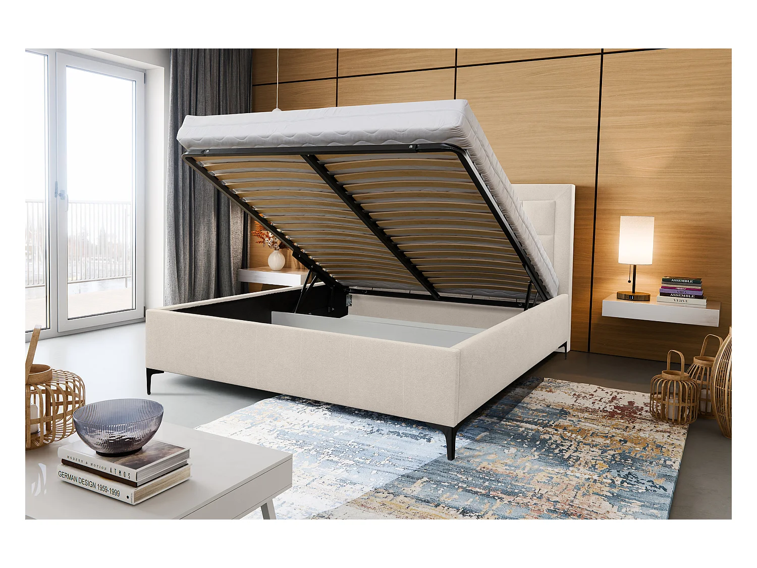 Lit rembourré VENEZIA avec tête de lit, 180 x 200 cm, lit double avec coffre de rangement et sommier à lattes en tissu structuré, velours, couleur : beige