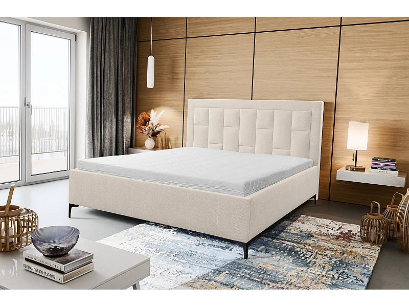 Polsterbett VENEZIA mit Kopfteil, 180 x200 cm, Doppelbett mit Bettkasten und Lattenrost aus Strukturstoff, Velourstoff, Frabe: Beige