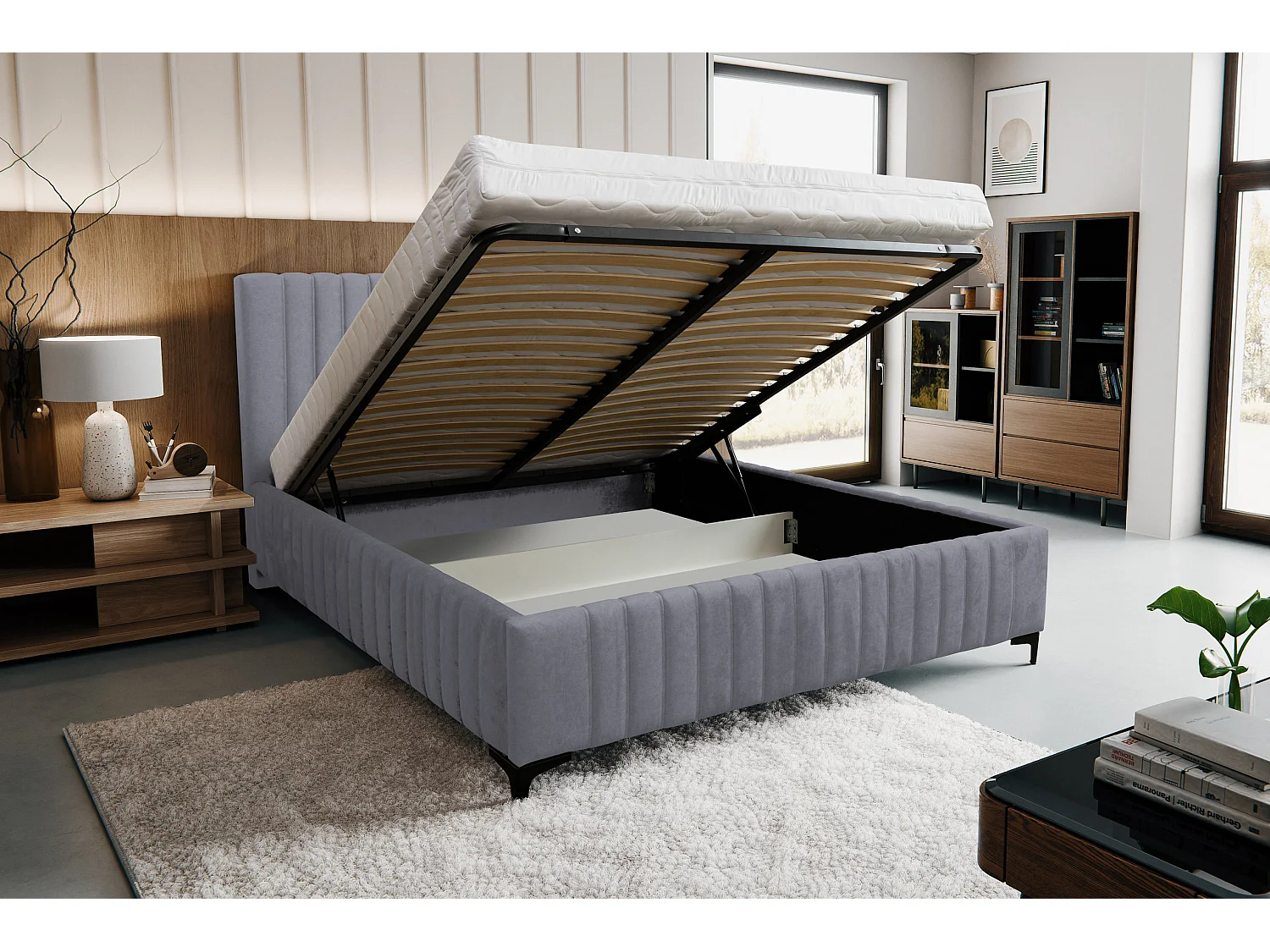 Lit rembourré Quant avec tête de lit, 140 x 200 cm, lit double avec coffre de rangement et sommier à lattes en métal, tissu velours, couleur : gris
