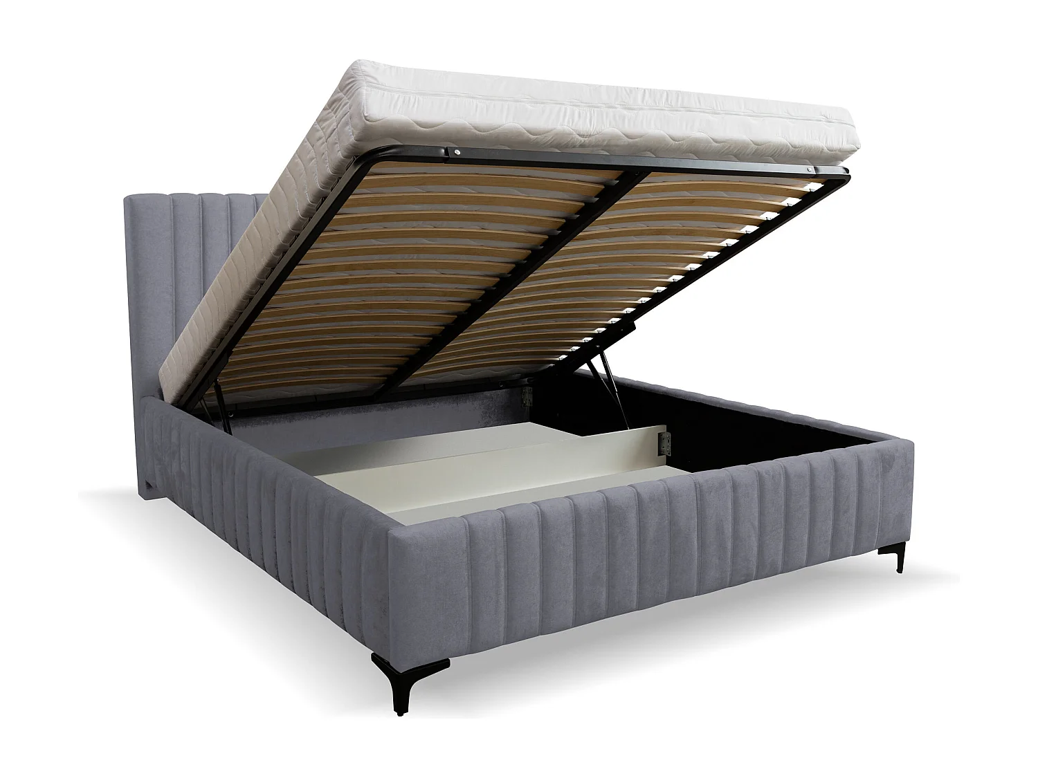 Lit rembourré Quant avec tête de lit, 140 x 200 cm, lit double avec coffre de rangement et sommier à lattes en métal, tissu velours, couleur : gris