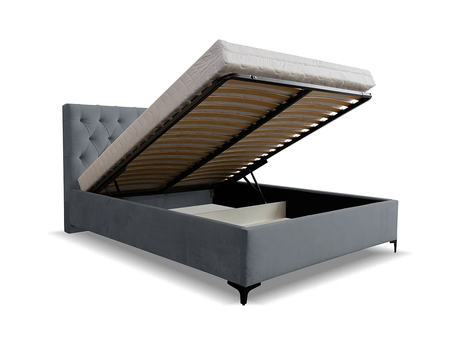 Lit rembourré Chesterfield avec tête de lit, 160 x 200 cm, lit double avec coffre de rangement et sommier à lattes en métal, tissu velours, couleur : gris