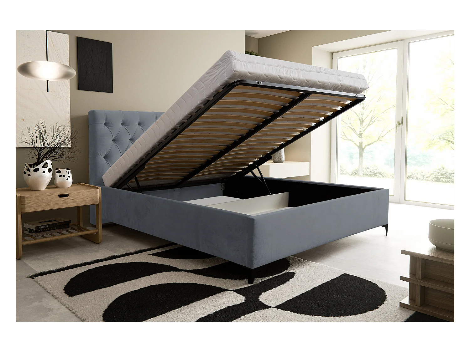 Lit rembourré Chesterfield avec tête de lit, 160 x 200 cm, lit double avec coffre de rangement et sommier à lattes en métal, tissu velours, couleur : gris