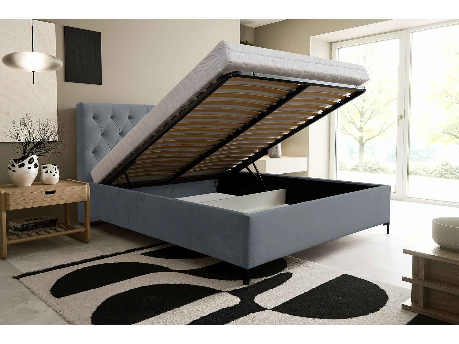 Lit rembourré Chesterfield avec tête de lit, 160 x 200 cm, lit double avec coffre de rangement et sommier à lattes en métal, tissu velours, couleur : gris