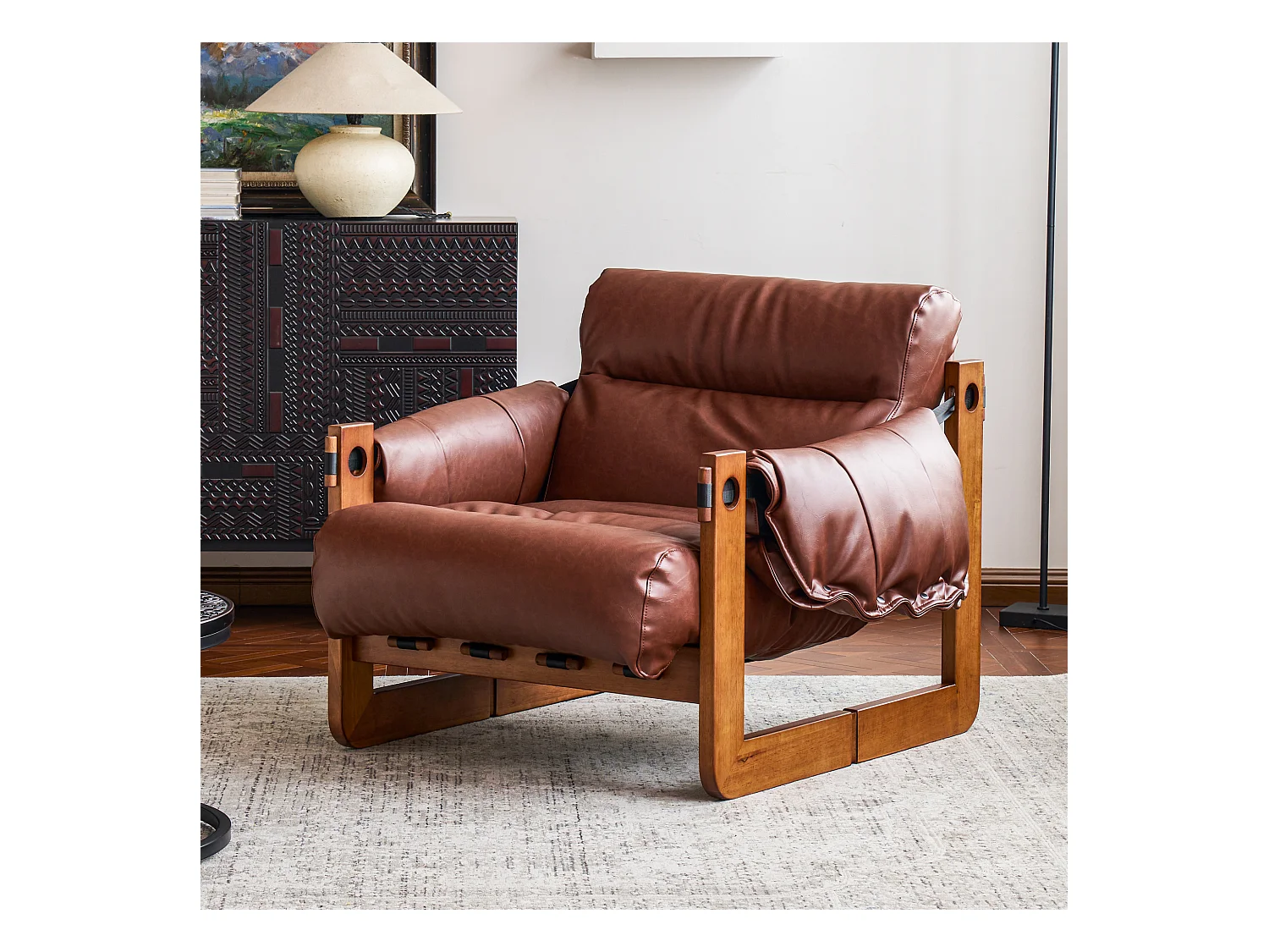 Fauteuil met armleuningen en massief houten poten, loungefauteuil van PU-leer, vintage leesstoel, relaxstoel voor woonkamer en slaapkamer, bruin