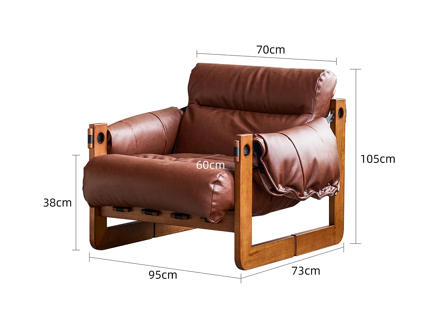 Fauteuil met armleuningen en massief houten poten, loungefauteuil van PU-leer, vintage leesstoel, relaxstoel voor woonkamer en slaapkamer, bruin