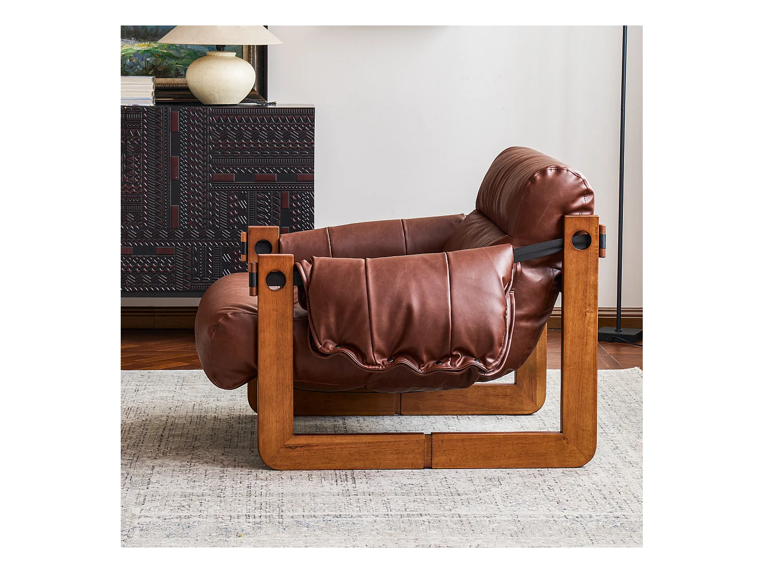 Fauteuil met armleuningen en massief houten poten, loungefauteuil van PU-leer, vintage leesstoel, relaxstoel voor woonkamer en slaapkamer, bruin