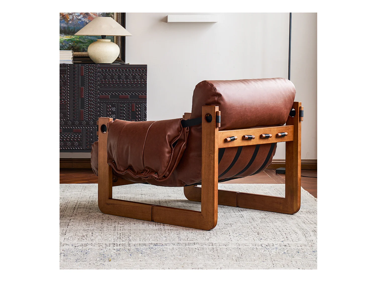 Fauteuil met armleuningen en massief houten poten, loungefauteuil van PU-leer, vintage leesstoel, relaxstoel voor woonkamer en slaapkamer, bruin