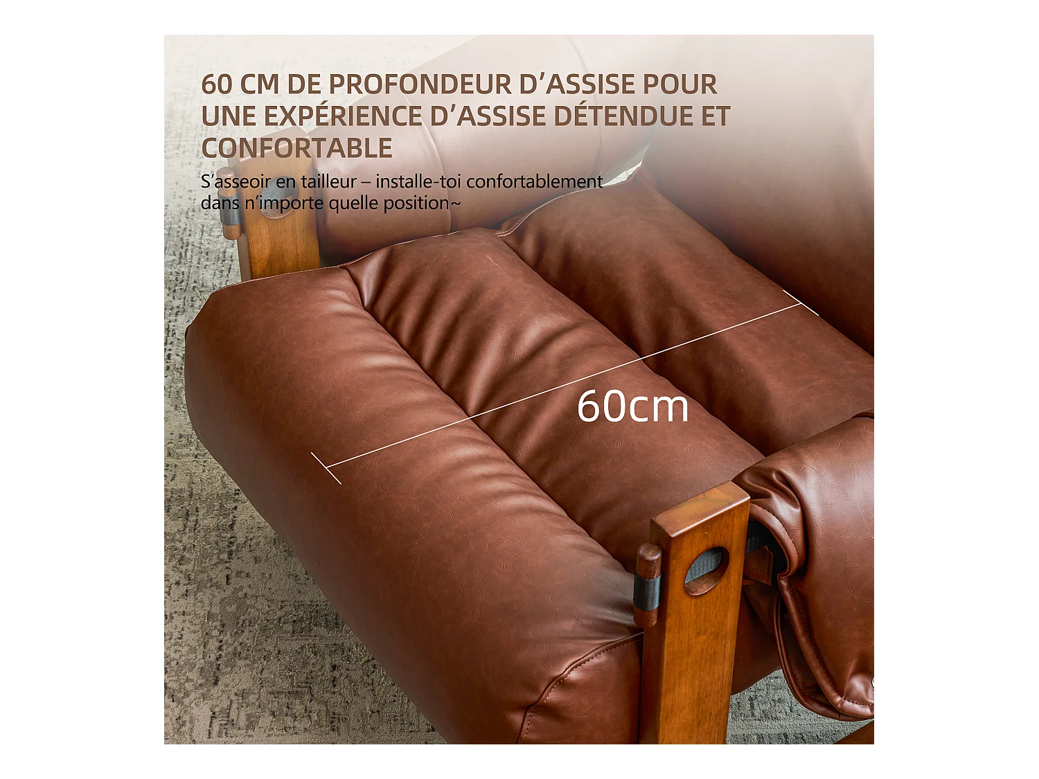 Fauteuil met armleuningen en massief houten poten, loungefauteuil van PU-leer, vintage leesstoel, relaxstoel voor woonkamer en slaapkamer, bruin