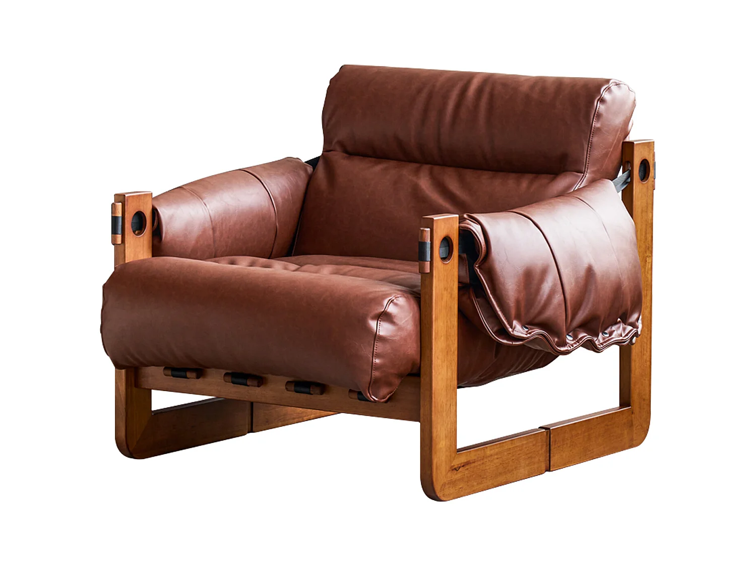 Fauteuil met armleuningen en massief houten poten, loungefauteuil van PU-leer, vintage leesstoel, relaxstoel voor woonkamer en slaapkamer, bruin