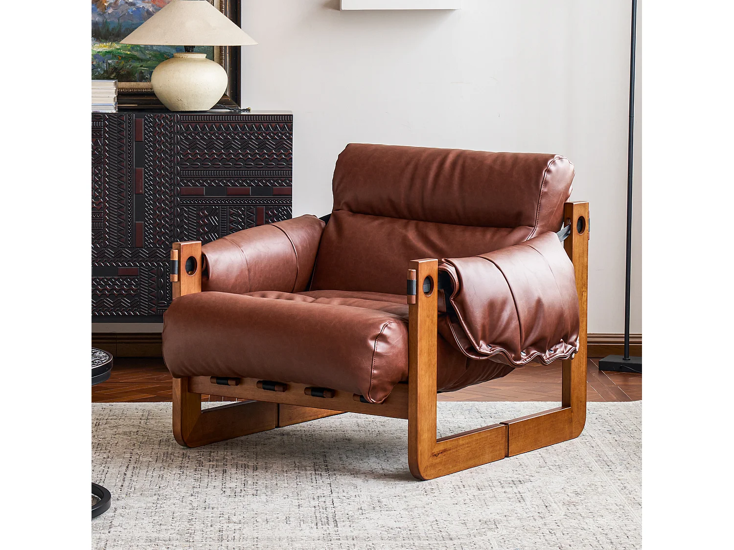 Fauteuil avec accoudoirs et pieds en bois massif, fauteuil lounge en cuir PU, fauteuil de lecture vintage, fauteuil relax pour salon et chambre, marron